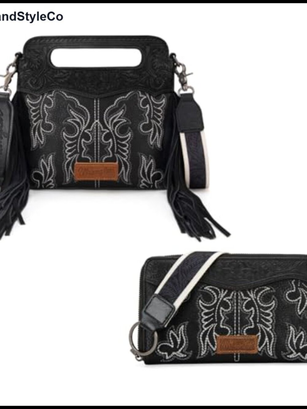 Western Fringe Crossbody Bag with Wallet - Leather Floral Tooled